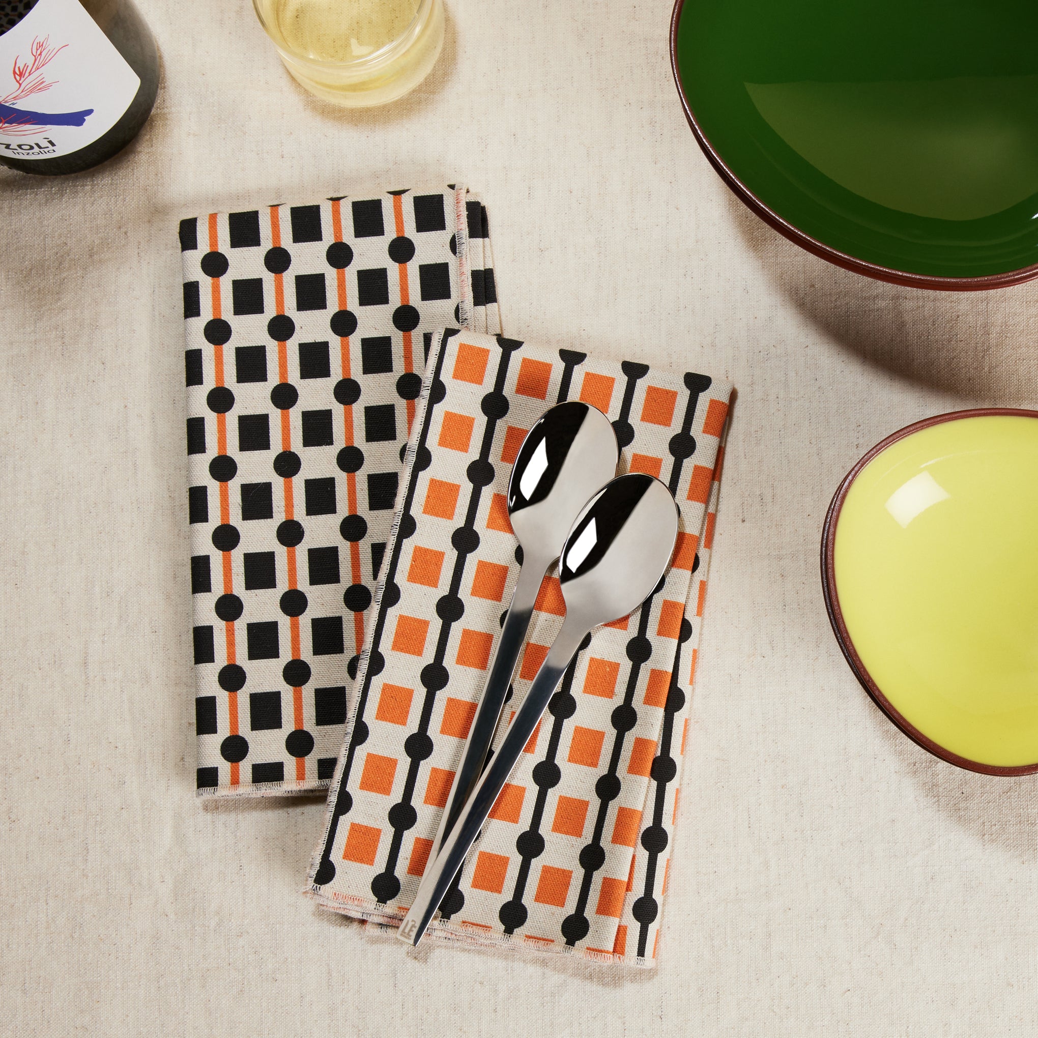 Geometric Cotton & Linen Napkins - Set of 2 - Black/ Orange - Image 2