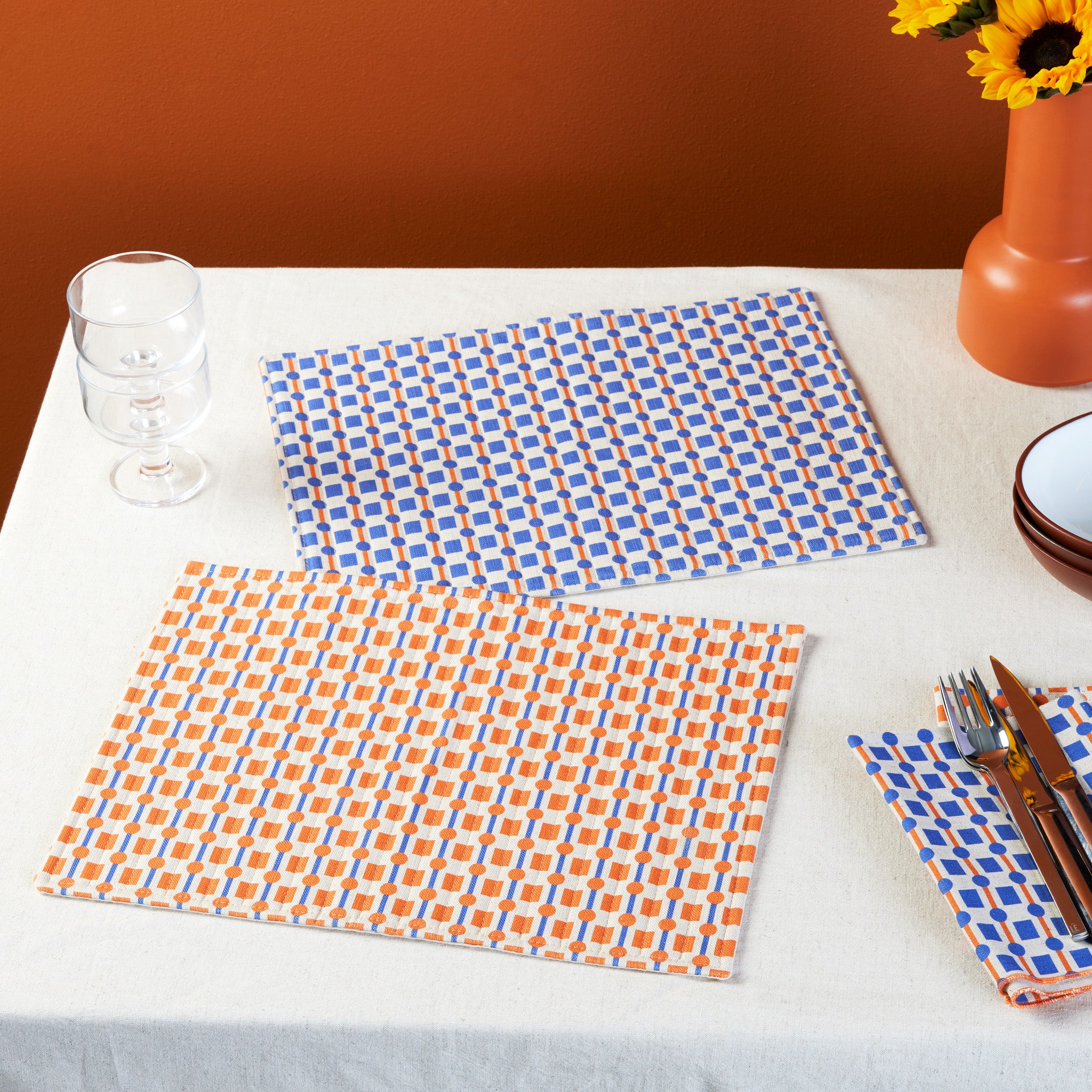 Geometric Cotton & Linen Placemats - Set of 2 - Orange/ Blue - Image 2