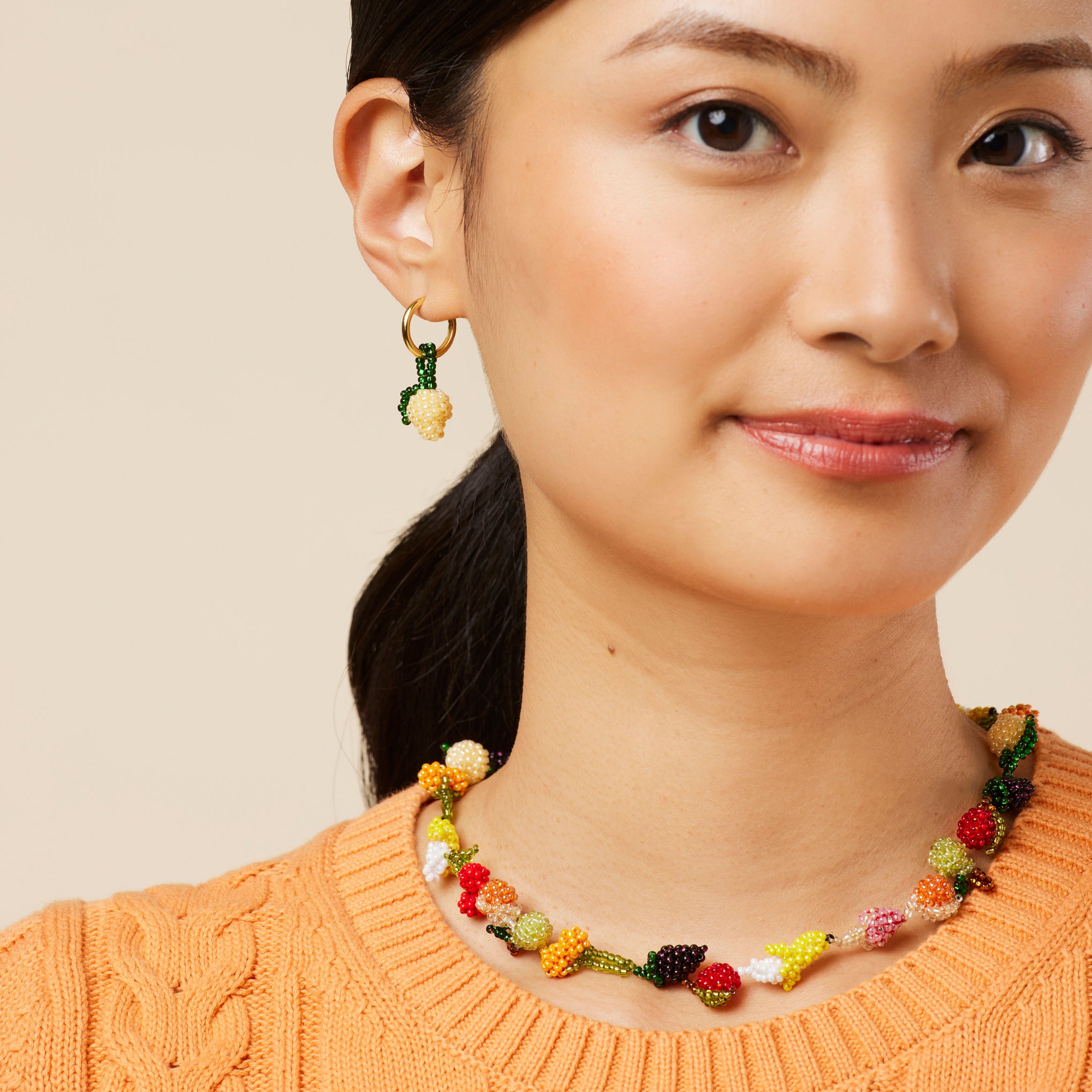 Beaded Mini Fruit Hoop Earrings - Gold Lemon - Image 3