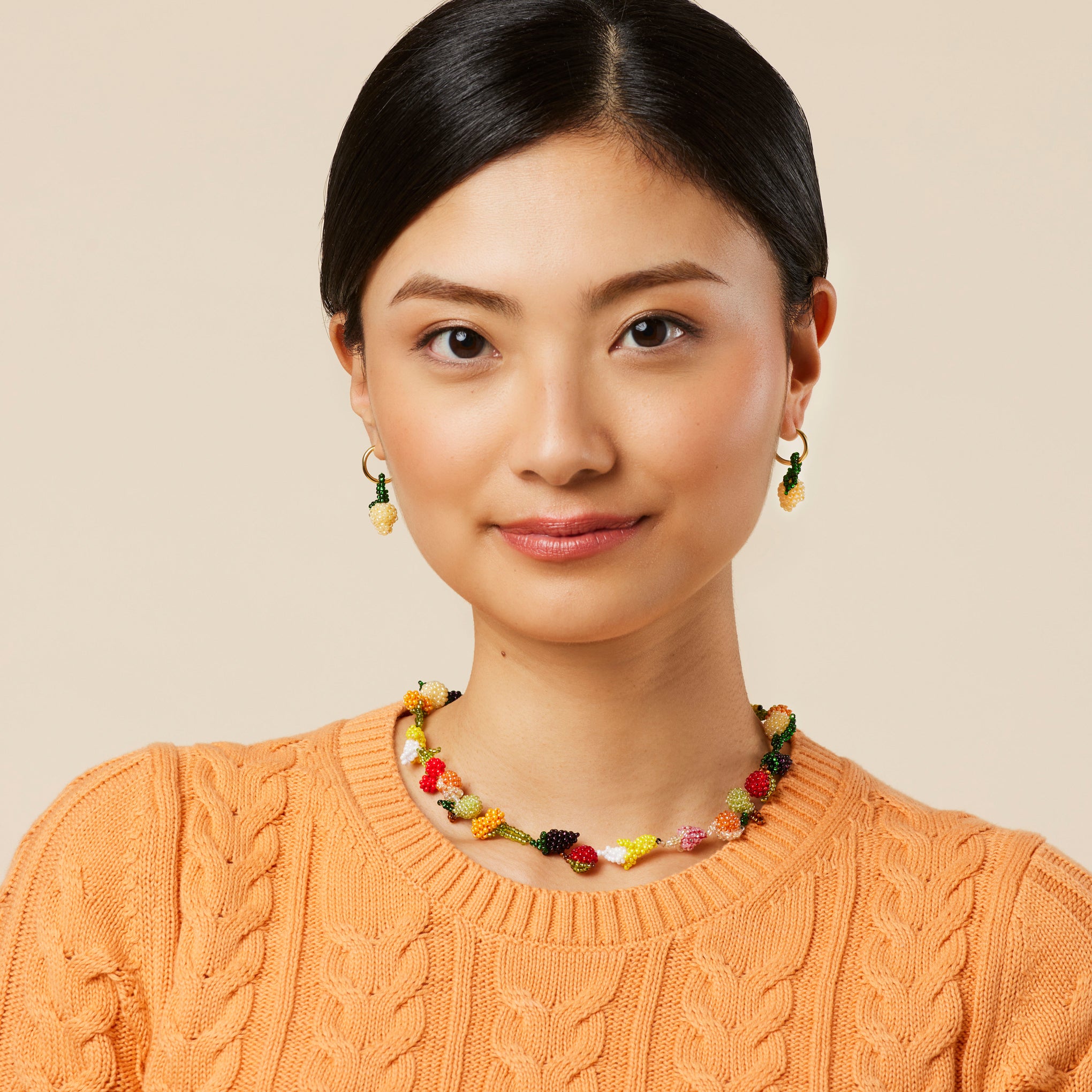 Beaded Mini Fruit Hoop Earrings - Gold Lemon - Image 2